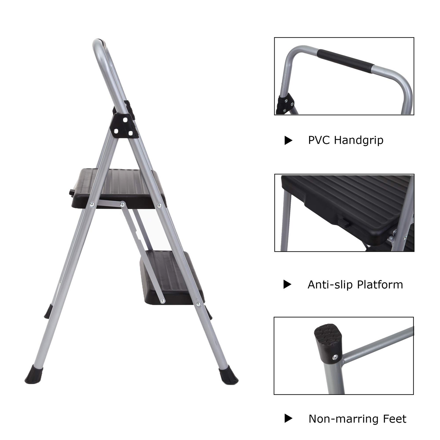 Topfun Folding 2 Step Ladder Lightweight Steel Step Stool Sturdy Anti-Slip Wide Platform with PVC Handgrip Easy-to-Carry Ladder Fully Assembled Multi-Use Ladder for Home and Office (2 Step)